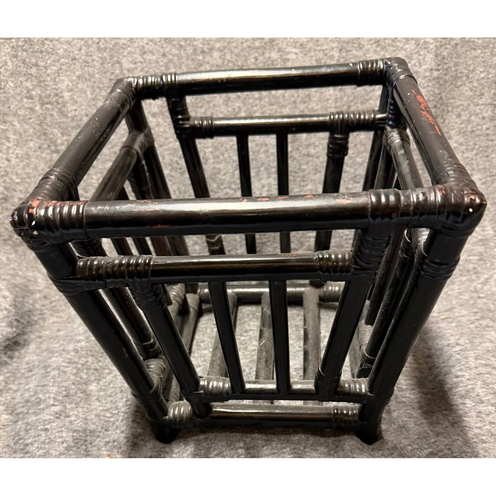 VTG Black Rattan Faux Bamboo Square Planter Basket Storage Chinoiserie Style